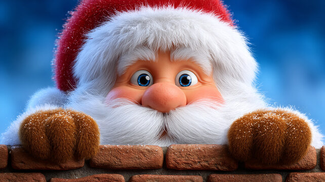 Santa Claus Peeking Over a Brick Wall with a Cheerful Expression - Powered by Adobe