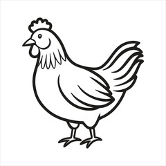 Simple black and white line drawing of a chicken isolated on white background