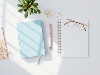 Clean minimalist desk arrangement with pastel colored planner, pen, plant, eyeglasses, and other decorative items for inspiration