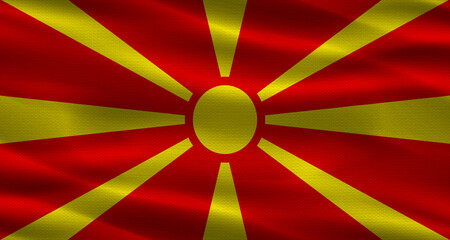 North Macedonia flag with fabric texture. Realistic flag of North Macedonia waving