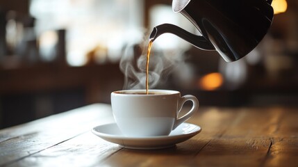 Coffee pouring into cup in cafe