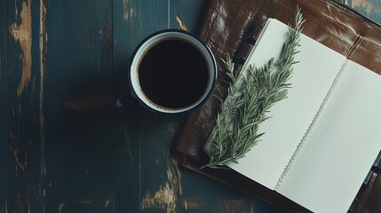 Coffee cup notebook rosemary still life