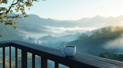 Coffee cup misty mountain view