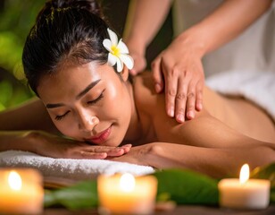 A serene Asian woman with a flower in her hair blissfully receives a soothing massage on her back as candlelight creates a tranquil atmosphere of relaxation.
