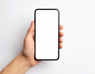 Close-up of a hand holding a smartphone and touching the screen with a white background. Ideal for tech, app UI, mobile commerce, or digital communication concept visuals