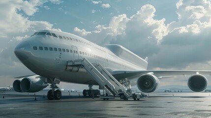 Obraz premium The white Unrecognizable plane at the airport takes passengers through a telescopic ladder