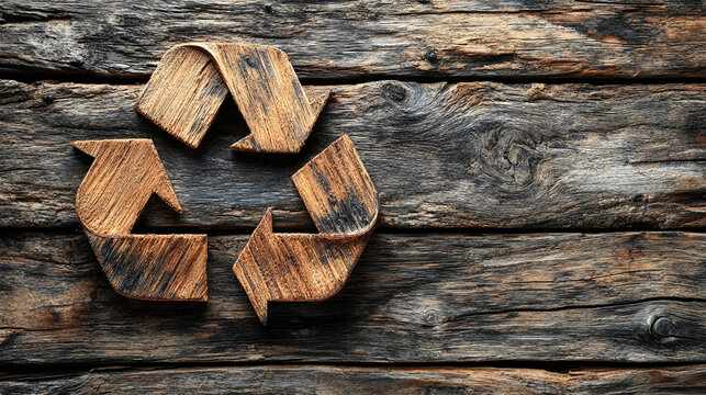 Eco-friendly recycle symbol crafted from warm maple wood board texture, set against a softly blurred background. Perfect for sustainability, green living, and environmental themes. Caption space inclu - Powered by Adobe