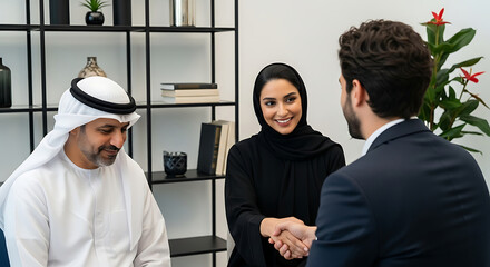 Arab Businesspeople Handshake Meeting Office Setting Woman Black Abaya Man White Kandura Smiling Professional Negotiation