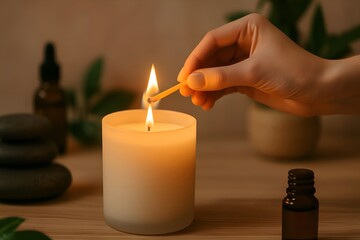 hand lighting a candle with a long matchstick warm glow from relaxation candle ,setting with massage stones, aromatic oils, peaceful atmosphere concept
