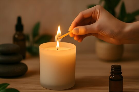 hand lighting a candle with a long matchstick warm glow from relaxation candle ,setting with massage stones, aromatic oils, peaceful atmosphere concept