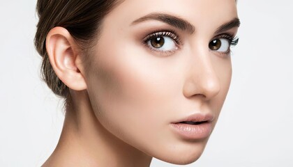 Close-up of a young Caucasian woman with light brown hair and natural makeup. She has a smooth complexion and defined eyebrows.