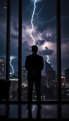 Fototapeta premium Businessman looking at lightning storm over city skyline from office window at night