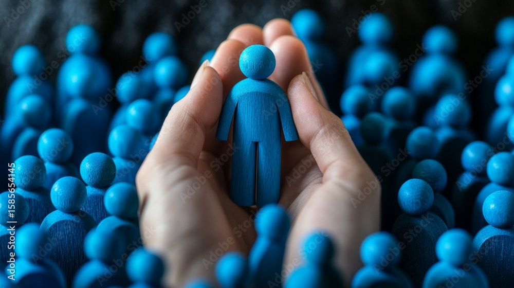 Fototapete a pair of hands gently cradles a singular blue figure amid a cluster of smaller blue figures, symbol