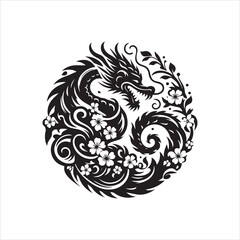 Naklejka premium Intricate Dragon and Cherry Blossom Circle Design in Black and White.