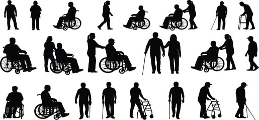Elderly care, senior support, wheelchair assistance, walking aid help, disability support silhouettes, caregiving people, mobility aid users, inclusive healthcare design