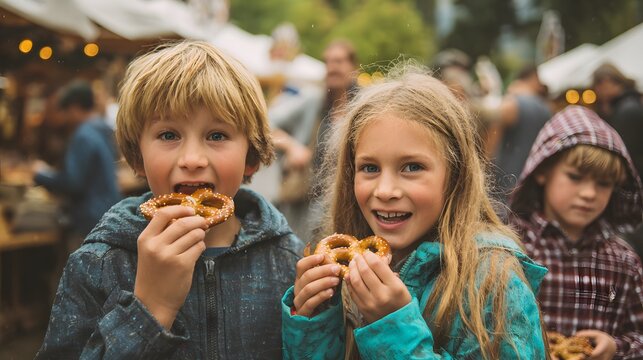 Two happy children enjoy fresh pretzels at a lively outdoor market on a sunny day. - Powered by Adobe