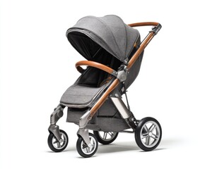 Grey stroller with tan accents,  full view, isolated