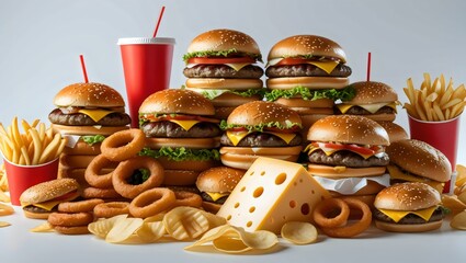 Abundant Fast Food Feast: Burgers, Fries, Onion Rings & More