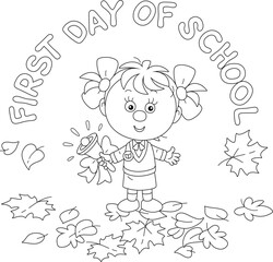 Cute little schoolgirl first grader ringing a small bell with a bow and ribbons among fallen autumn leaves on the first day of school, black and white vector cartoon illustration for a coloring book