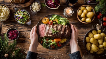 A beautifully plated roast beef dinner with various side dishes on a rustic wooden table.