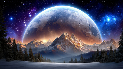 Majestic Moonscape Snow Capped Mountains Under a Giant Lunar Sky with Starry Night