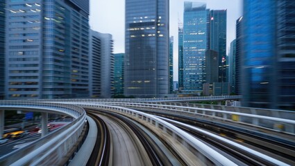 Obraz premium Urban train tracks curving past modern skyscrapers