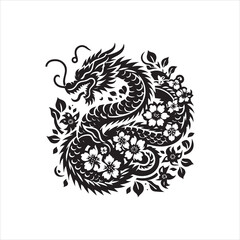 Fototapeta premium Intricate Black Dragon Silhouette Entwined with Blossoms.