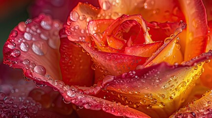 Close-up of a vibrant red and orange rose with water droplets on its petals. The flower showcases intricate details and textures, ideal for wedding or holiday themes.