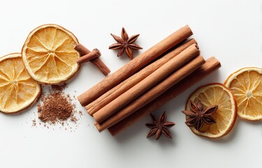 Dried orange slices, cinnamon sticks, and star anise