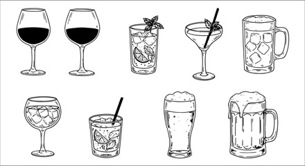 Diverse hand-drawn alcoholic drinks in glassware: red wine, iced cocktails, martinis, beer pints, and mugs, isolated on white background.