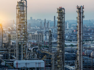 Distillation towers and industrial equipment in a petrochemical plant