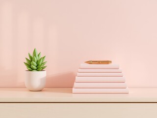 Minimalist composition featuring a succulent plant, stacked notebooks, and a pen against a soft pastel backdrop, invoking a sense of calm