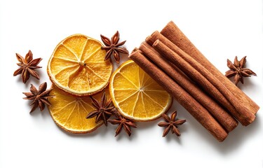 Dried orange slices, cinnamon sticks, and star anise on white background