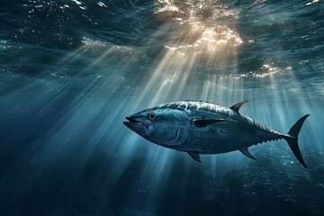 Fototapeta premium Bluefin tuna swimming in deep blue ocean with sunbeams