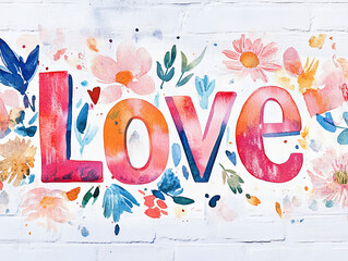 Watercolor Love on White Brick Wall