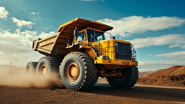 Large yellow dump truck moving across a dusty landscape under a partly cloudy sky