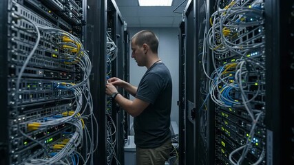 IT technician working on server rack with cables in data center  