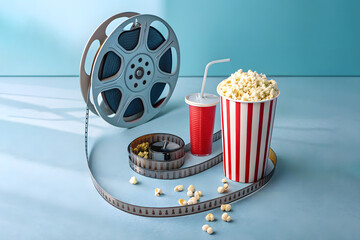 Realistic 3D render a movie reel with film strip unrolling
