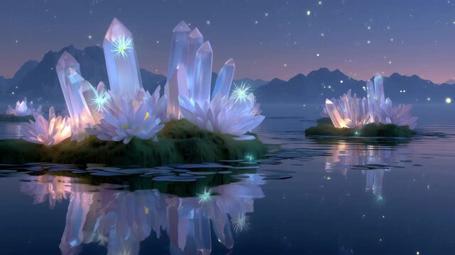 浮かぶ結晶の庭が湖面に映える夜