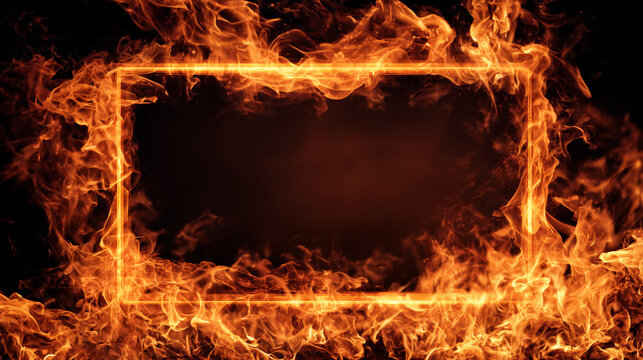 A vibrant orange hot fire frame border with dynamic flames surrounding an empty caption space in the middle. The fiery border creates a bold and intense visual effect, perfect for dramatic or energeti
