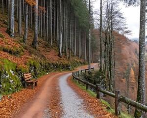A winding forest pathway with autumnal foliage and bench present