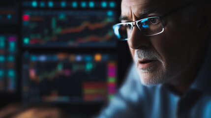 Senior Trader at Work: An experienced stock market trader deeply engrossed in analyzing financial data, displayed on a monitor, at dimly lighted room showing dedicated market participant