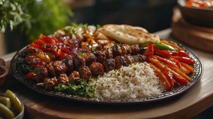 Colorful platter of grilled skewers and rice