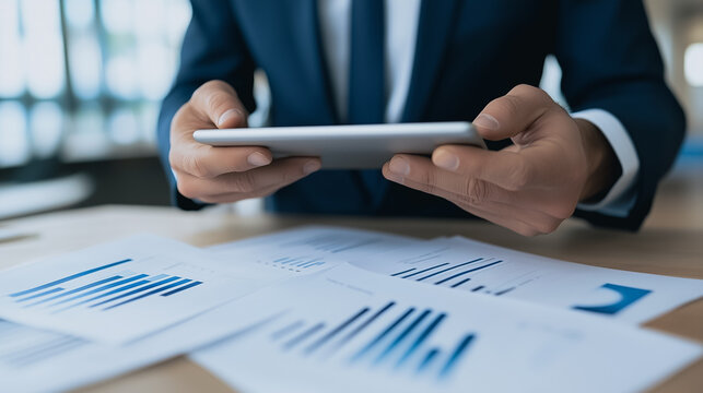 Focused Data Analysis: An image showcases the hands of a professional engrossed in analyzing financial data using a tablet device, with charts and documents spread out on a desk.
