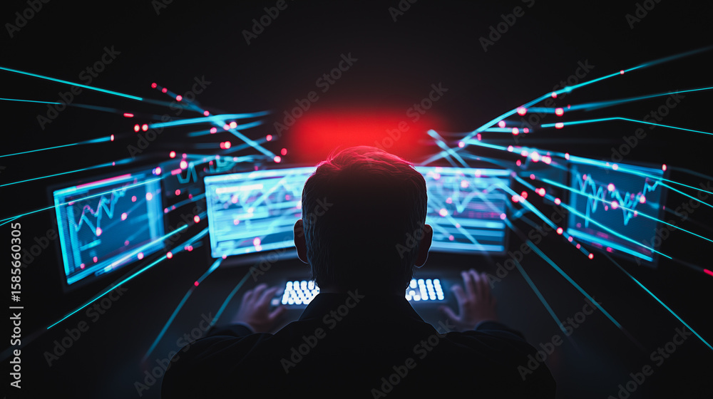 Poster cyber trader at night: a silhouette of a trader intensely focused on multiple screens displaying dyn
