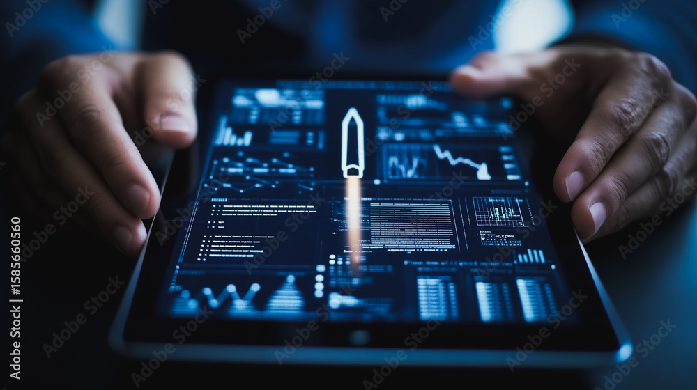 Wall mural digital launchpad: a person interact with a digital tablet screen, showcasing a rocket launch graphi