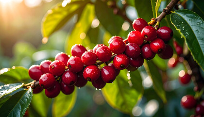 Ripe Red Coffee Berries on Branch with Green Leaves