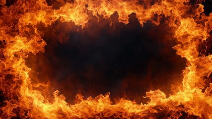 A vibrant orange hot fire frame border with dynamic flames surrounding an empty caption space in the middle. The fiery border creates a bold and intense visual effect, perfect for dramatic or energeti - Powered by Adobe
