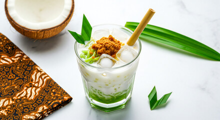 flatlay of authentic Indonesian es cendol dessert in a glass