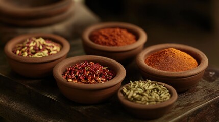 Colorful spices in terracotta bowls